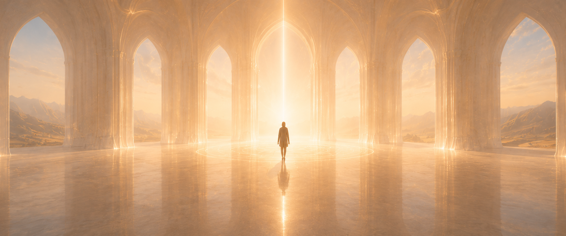 Goldenes Sri Chakra Yantra aus Licht als Symbol für Bewusstsein, innere Ordnung und spirituelle Heilung