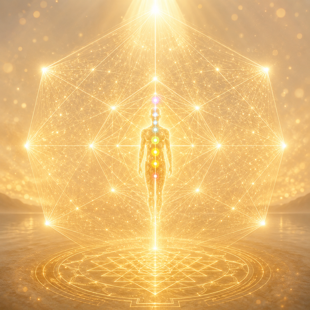 Mensch steht umgeben von Lichtkanälen auf einem Sri Chakra Yantra