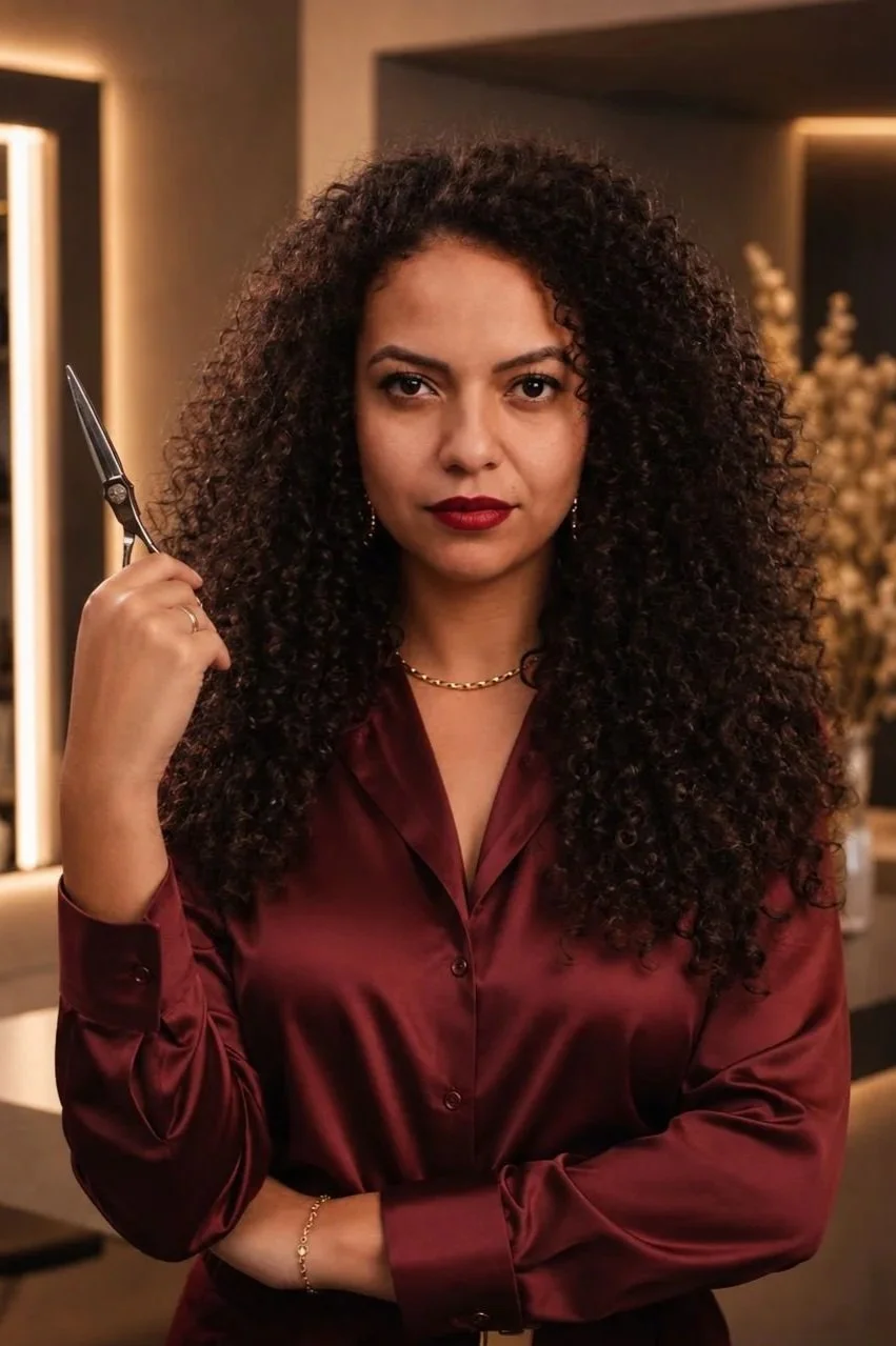 Mulher com cabelo cacheado escuro segurando tesoura, vestindo blusa de seda vinho, em ambiente de salão ou espaço de beleza.