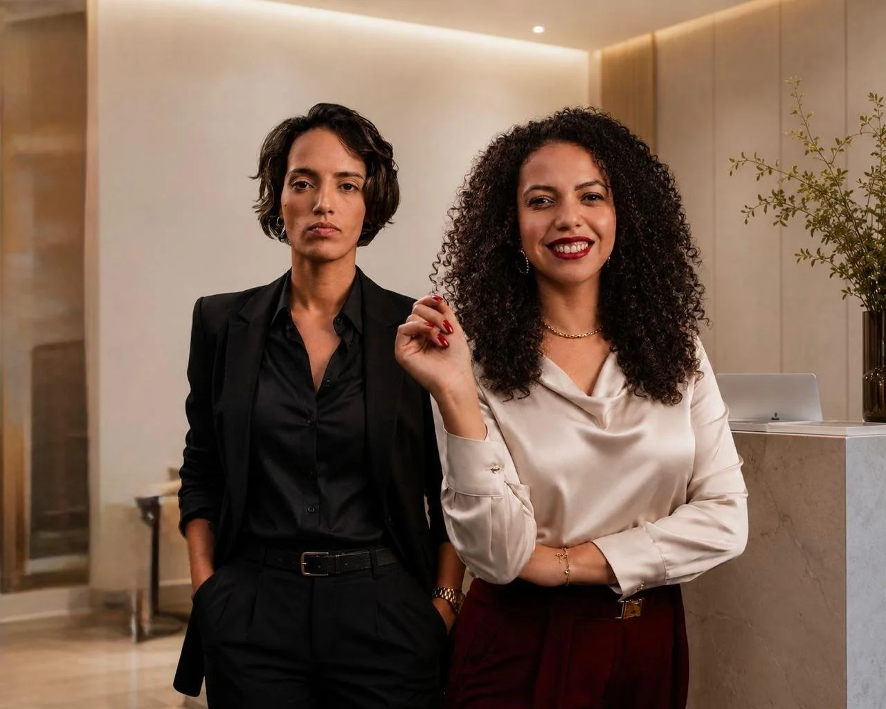 Duas mulheres profissionais posando juntas em ambiente de escritório ou recepção, uma com expressão séria e a outra sorrindo.