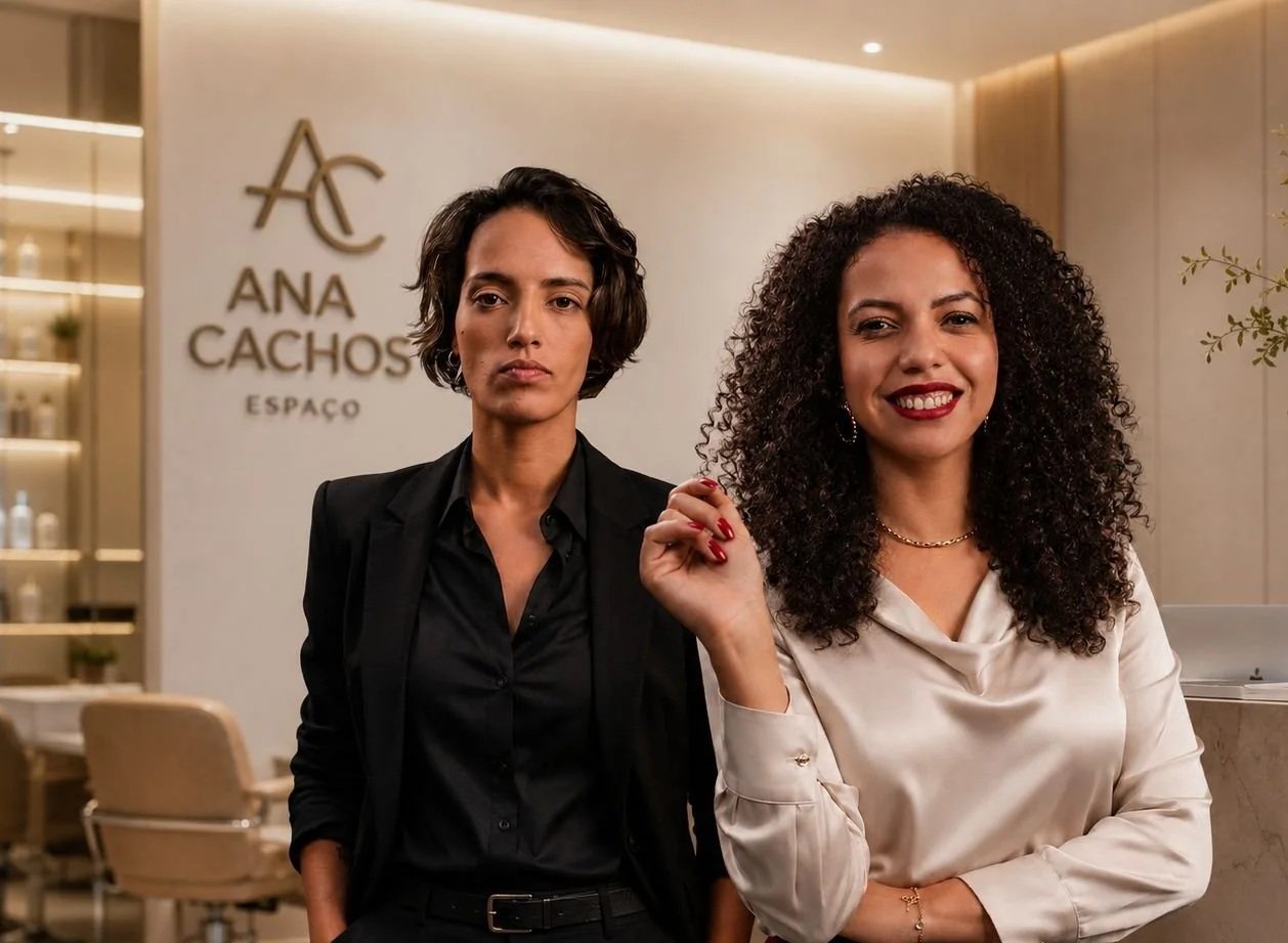 Duas mulheres posando juntas em um espaço bem decorado, com um fundo onde está escrito 'ANA CACHOS ESPAÇO'.
