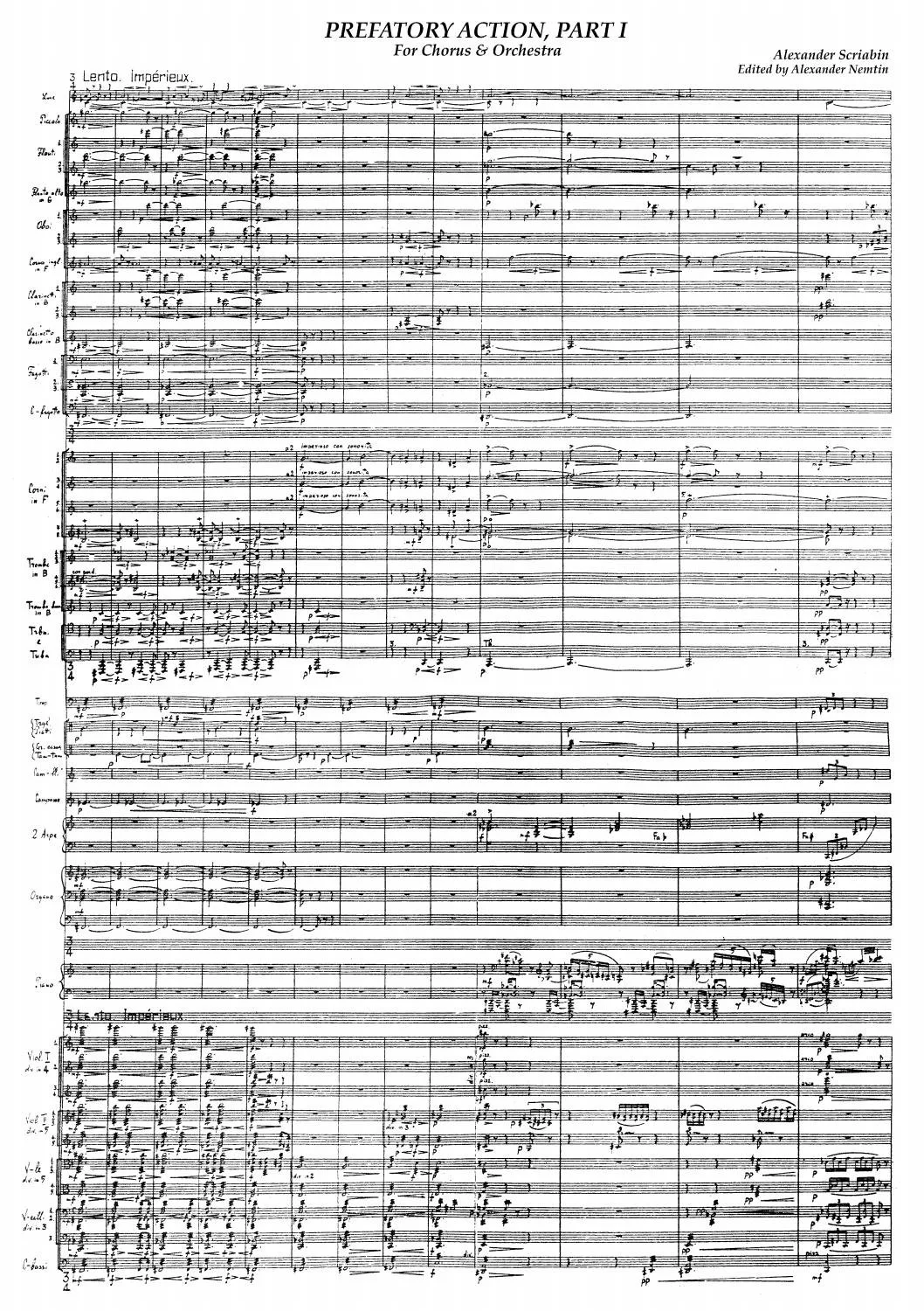 Music sheet titled 'Prefatory Action, Part I' by Alexander Scriabin, edited by Alexander Nemtin, featuring orchestral and chorus notation.