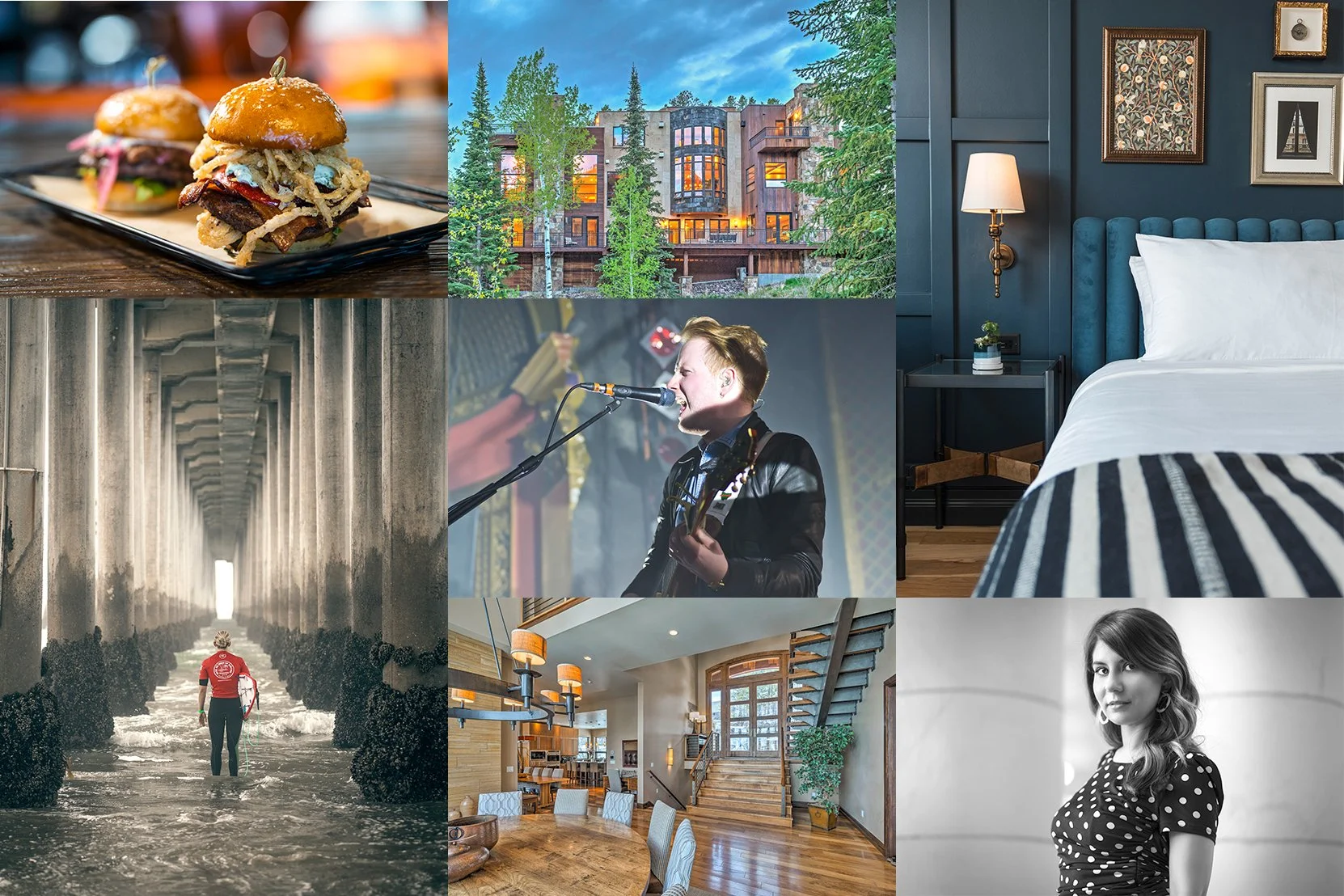 A collage of nine images including gourmet sliders, a residential building with lit windows, a decorated bedroom, a person holding a fishing net, a musician performing with a guitar, a modern living room, a staircase with wooden railings, dining area with chairs, and a woman in a polka-dot dress.