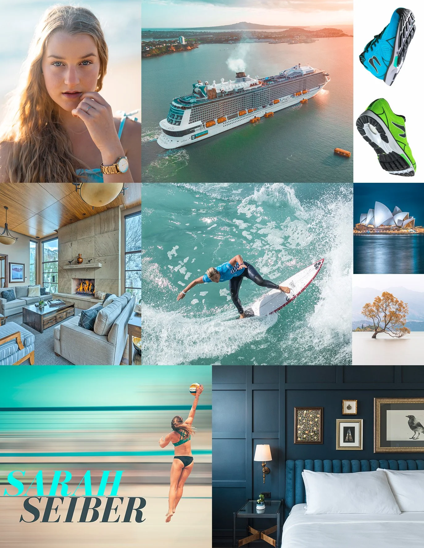 A collage of images featuring luxury and travel themes: a woman with long blonde hair and a watch, a cruise ship on the water, tennis shoes, a living room with a fireplace, a person surfing, the Sydney Opera House at sunset, a person playing volleyball, a bedroom with a blue wall and framed art, and a tree in misty landscape.