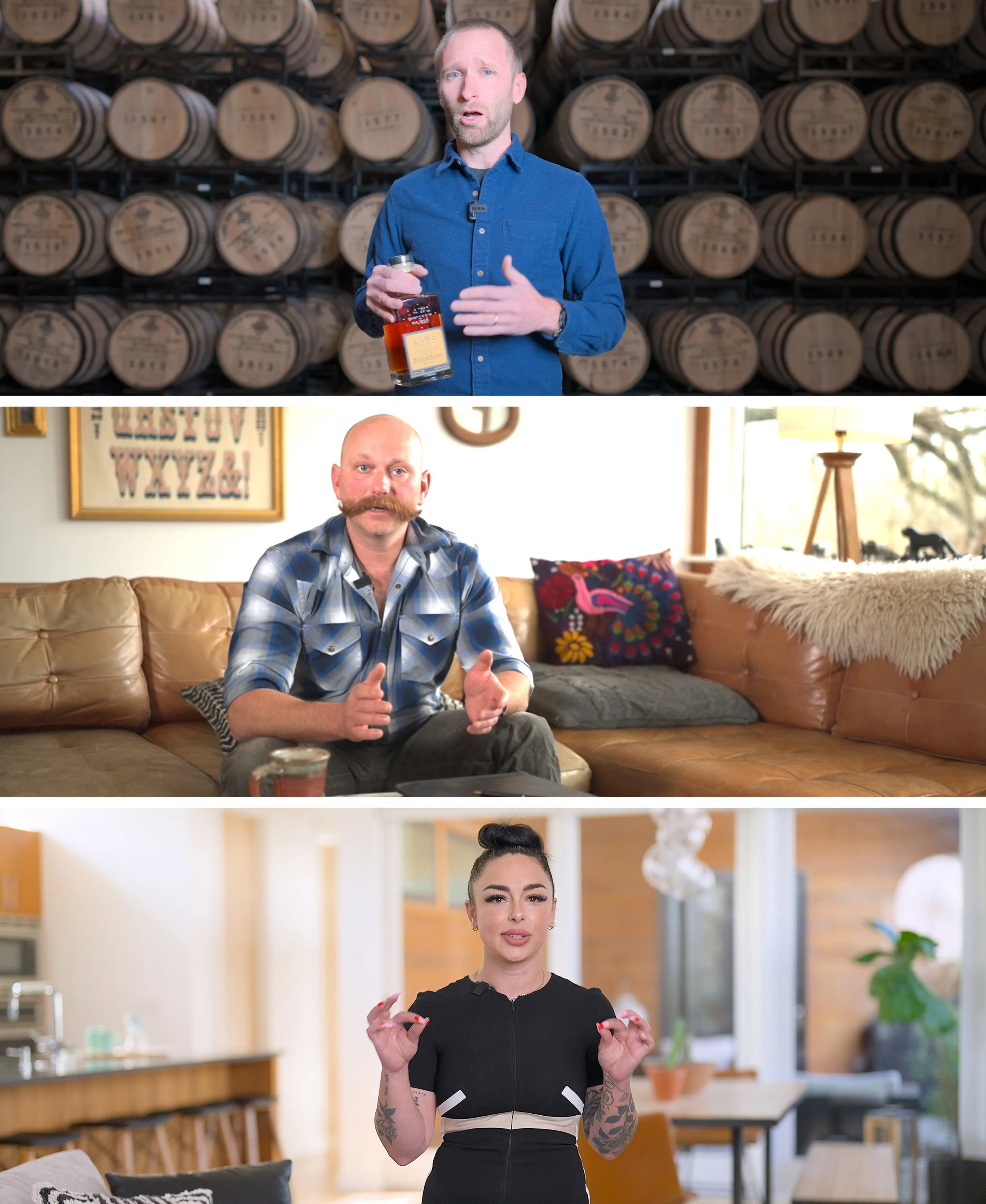 A triptych of a man from Laws Whiskey holding a bottle in front of whiskey barrels, a man in the middle of a professional interview session in a home setting, and a realtor in a modern luxury home giving a home tour.