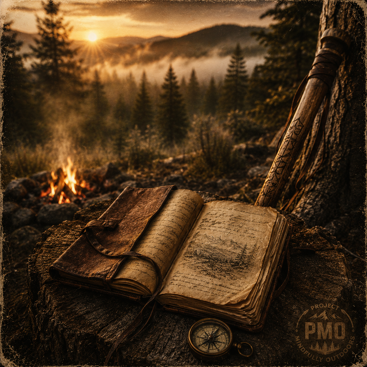 An open journal with handwritten notes and a sketch of mountains, a leather cover, and a ribbon bookmark, resting on a log next to a compass. In the background, a campfire, pine trees, mountains, and a sunset with a glowing sky.
