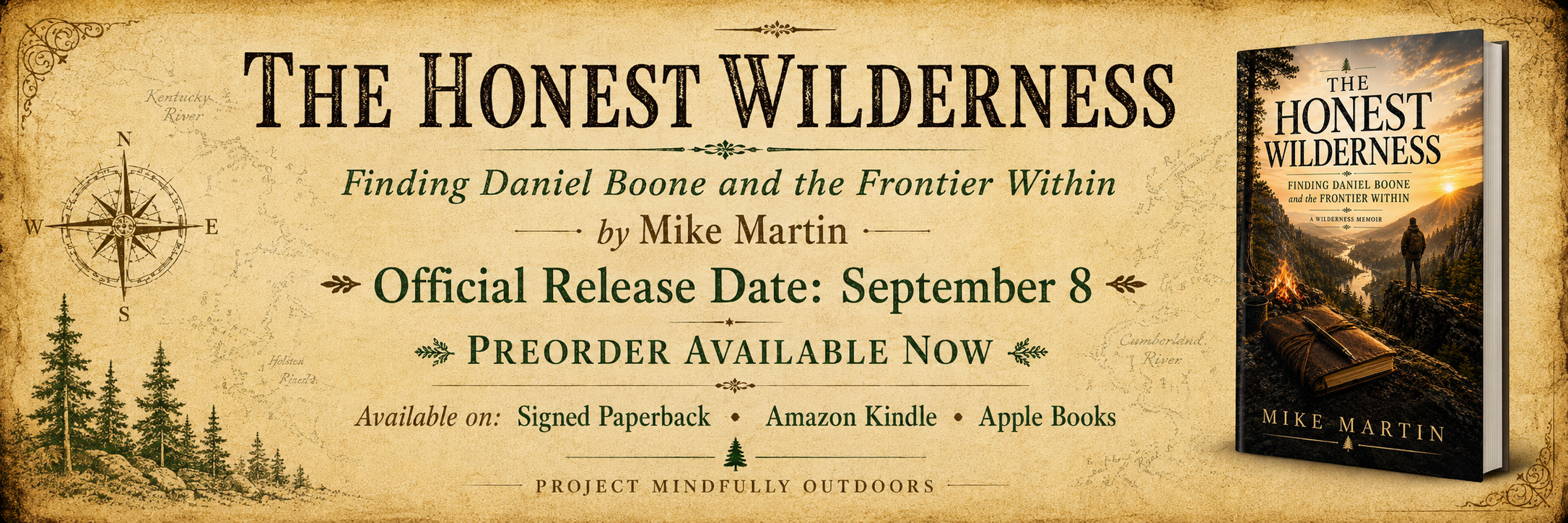 Book cover for 'The Honest Wilderness' by Mike Martin, featuring an outdoor scene with a person camping at sunrise in a mountain valley.