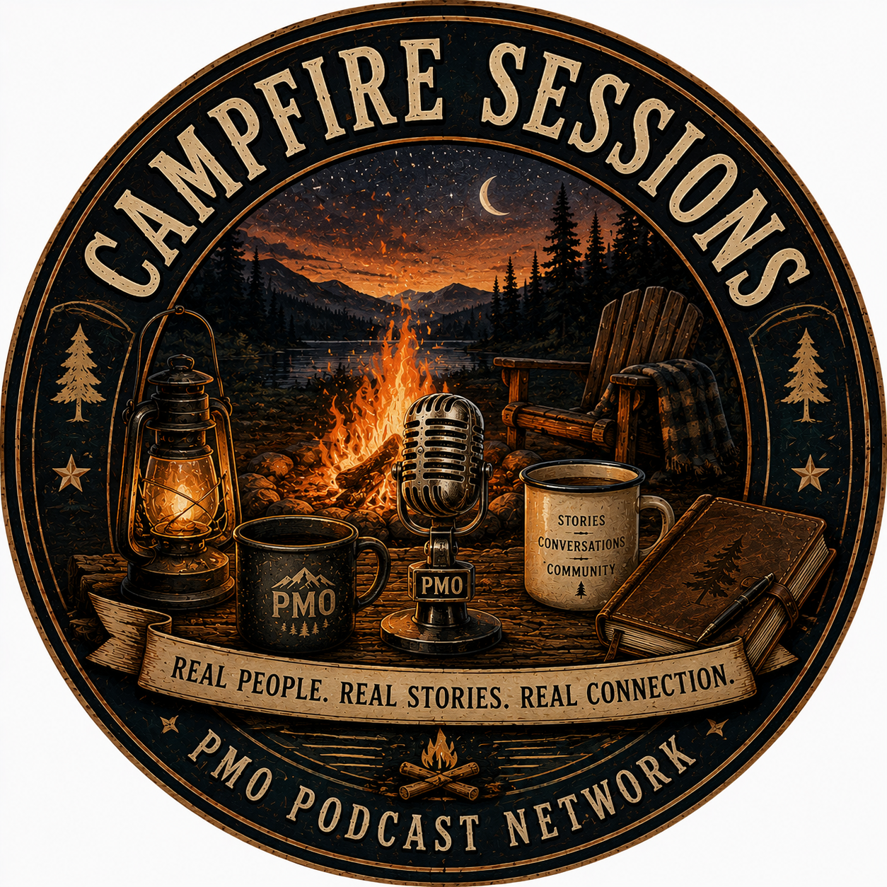 A circular logo for Campfire Sessions, part of the PMO Podcast Network, featuring a campfire scene with mountains, trees, and a crescent moon in the background. In the foreground, there is a vintage lantern, two mugs labeled 'PMO', a classic microphone with the PMO logo, a leather-bound journal with a pen, and a wooden Adirondack chair with a blanket. The banner at the bottom reads 'Real People. Real Stories. Real Connection.' with a small campfire icon beneath.