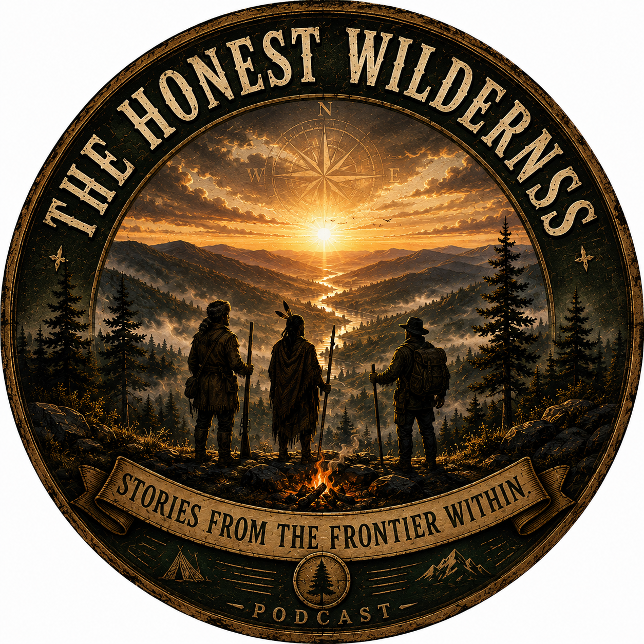 A circular logo for 'The Honest Wilderness' podcast featuring three hikers overlooking a mountain valley at sunrise around a campfire, with a banner reading 'Stories from the Frontier Within'.