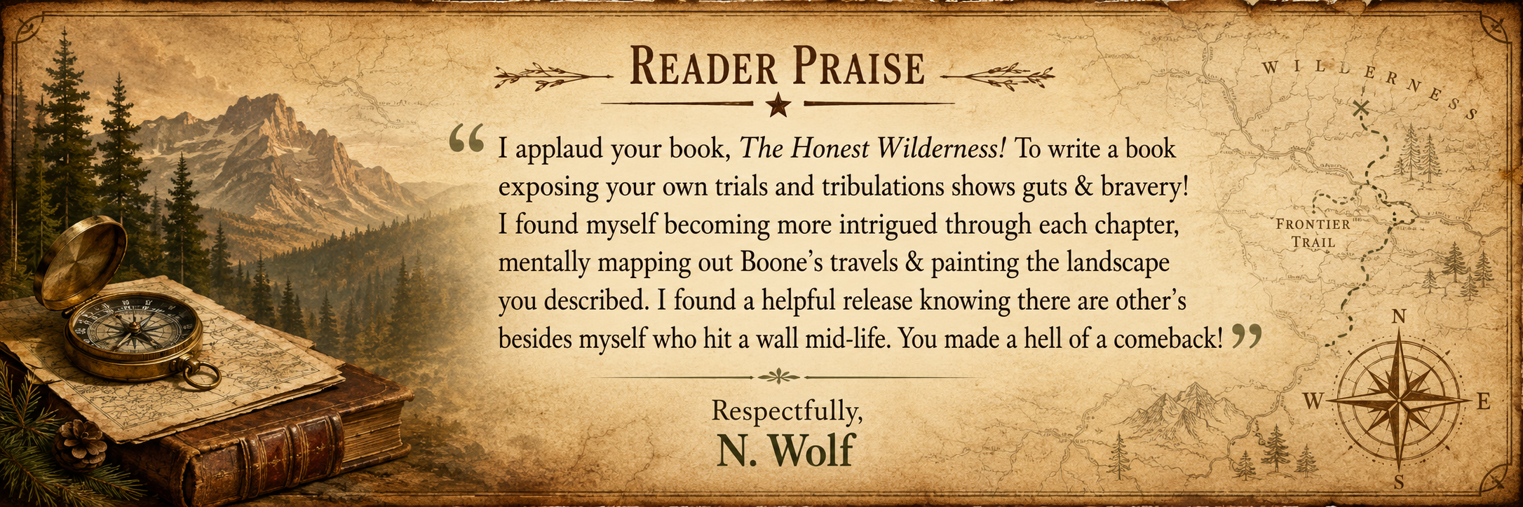 A wilderness-themed letter of praise with a mountain landscape background, a compass and a map on the right, and a stack of old books with a pocket watch on top on the left.