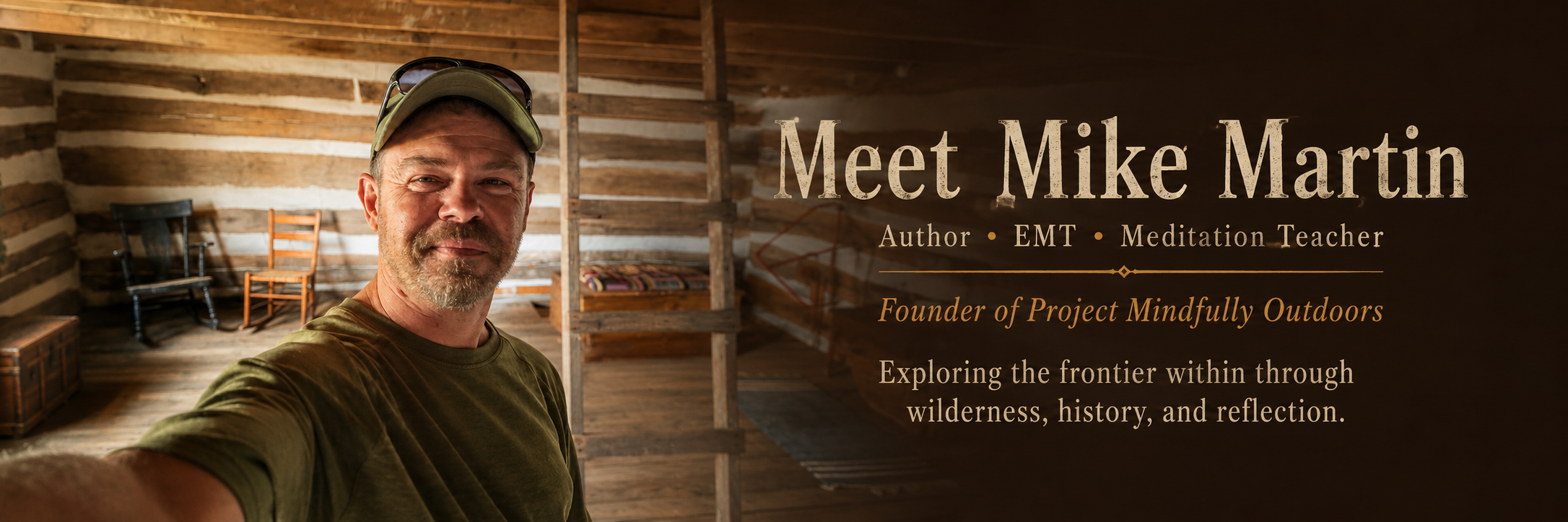 A man with a beard, wearing a green cap and t-shirt, taking a selfie inside a rustic wooden cabin with furniture and stairs in the background. Overlaid text introduces him as Mike Martin, author, EMT, meditation teacher, and founder of Project Mindfully Outdoors, exploring wilderness, history, and reflection.