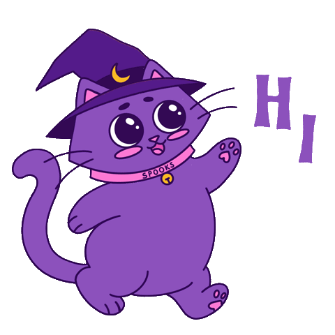Cute purple cartoon cat dressed as a witch with a hat, collar, and moon charm, waving and greeting with the word 'Hi' beside it.