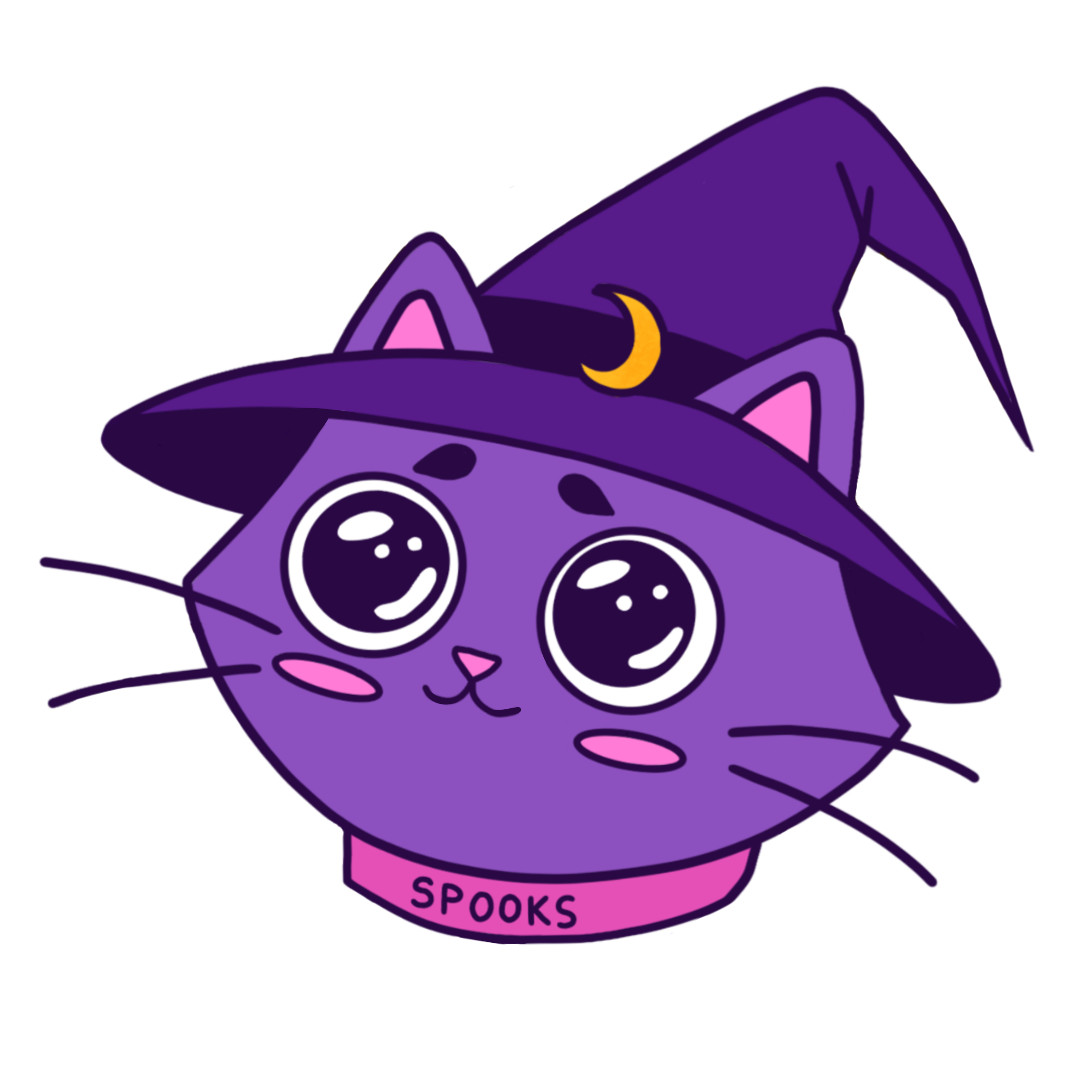 A purple witch hat with a pink color labeled 'Spooks' and a crescent moon symbol, featuring a cute cat face with large round eyes, pink ears, and a mischievous smile, set against a purple background.