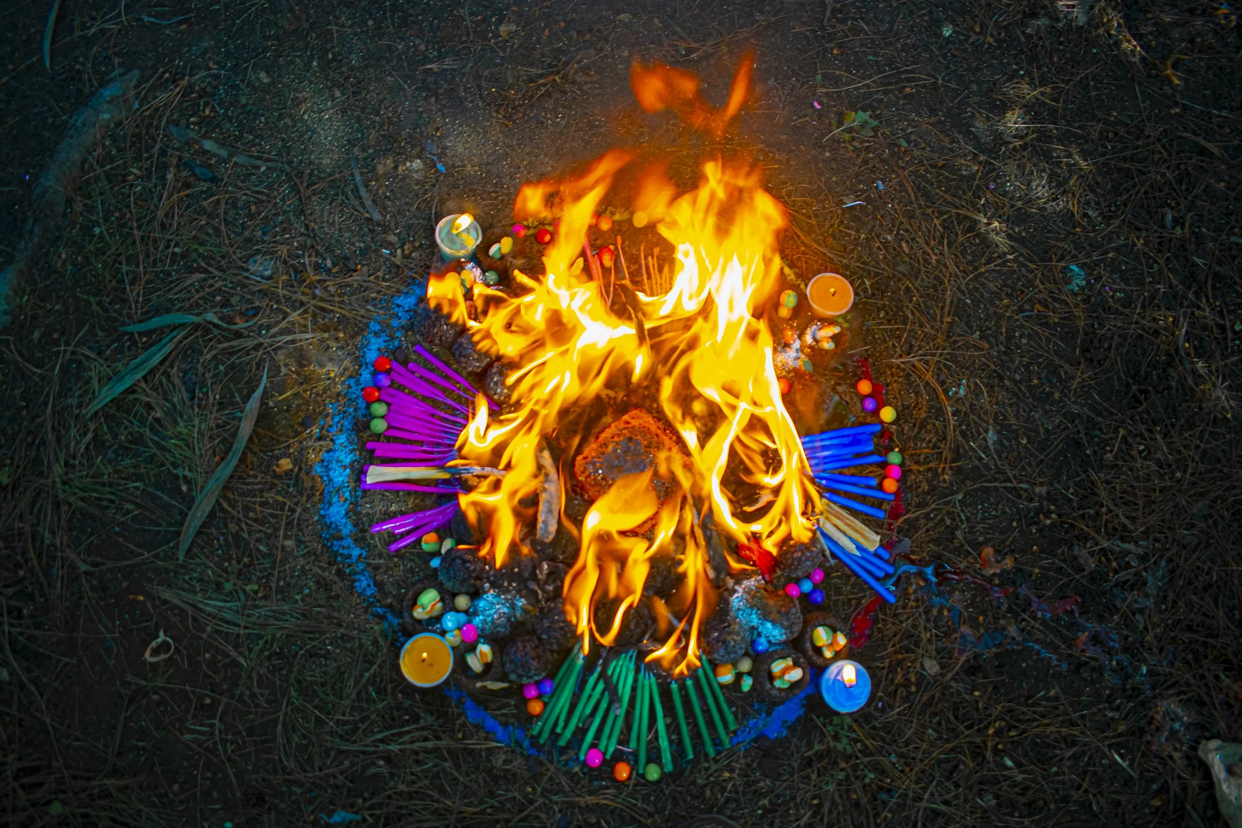 Fire and colorful candles used in Mayan ceremonies