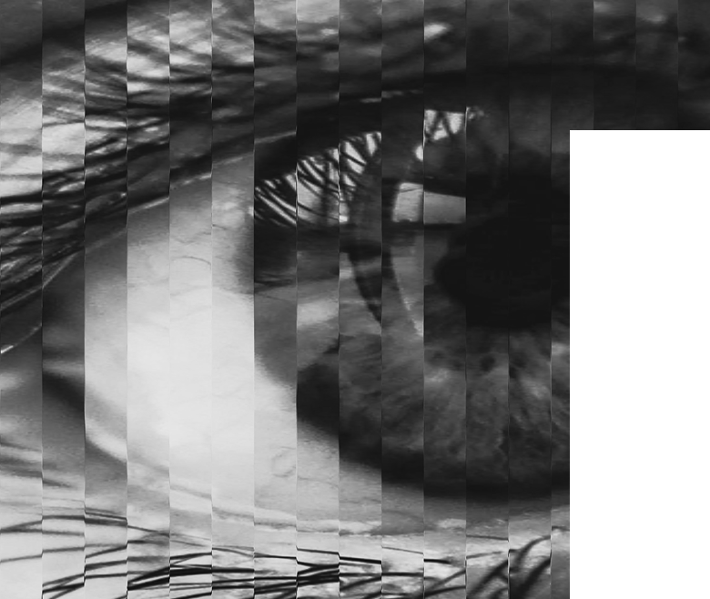 A black and white, abstract, distorted image of a human eye.
