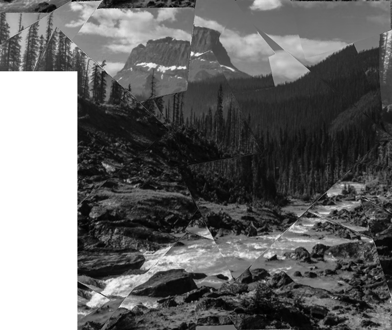 Black and white collage of a mountain landscape with trees, rocks, and a flowing river.