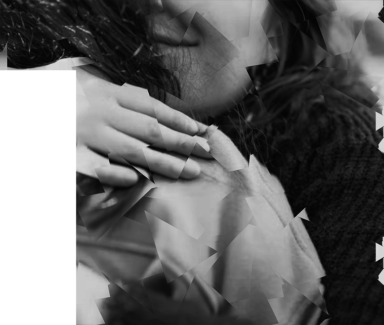 Black-and-white photo of a person with closed eyes and gentle expression, resting their head on their hand, with an abstract, fragmented overlay.