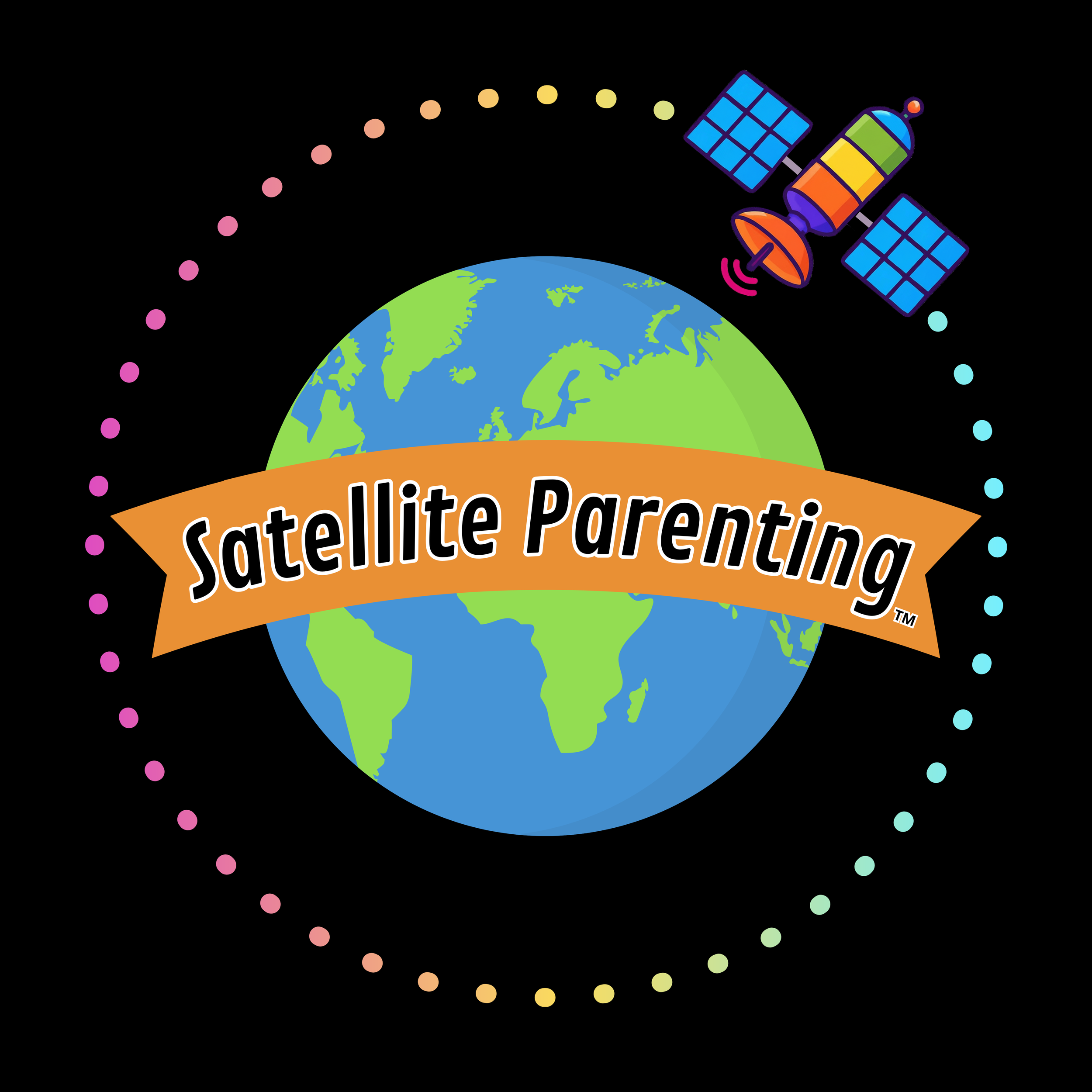 the earth with a satellite orbiting and the words Satellite Parenting TM across the surface