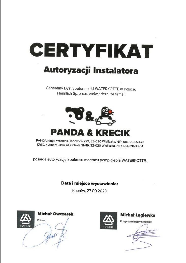 Certificate of authorization for water heater pump installation issued to Panda & Krecik in Poland, dated September 27, 2023, with signatures from officials Michal Owczarczek and Michal Lągiewka.