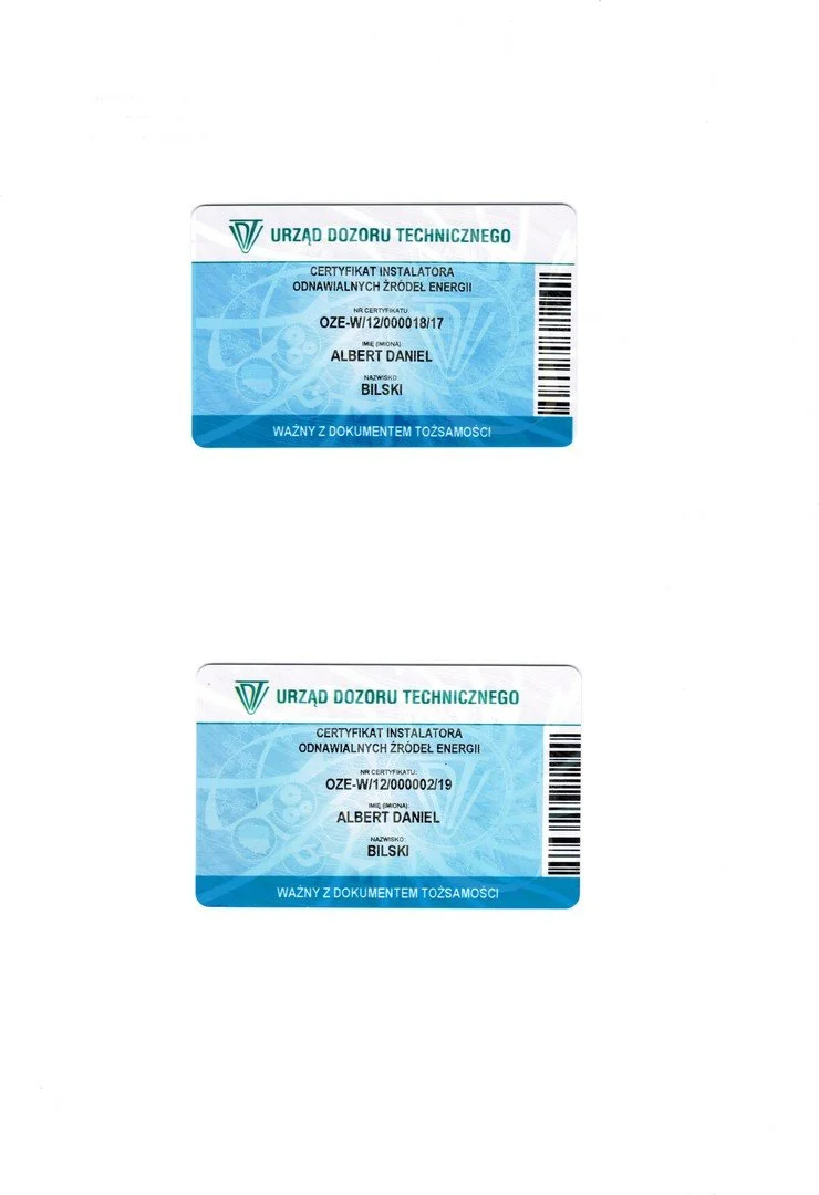 Two identification cards from the Technical Supervision Office, both for renewable energy source installers, with the name Albert Daniel Bilski and different certification numbers.