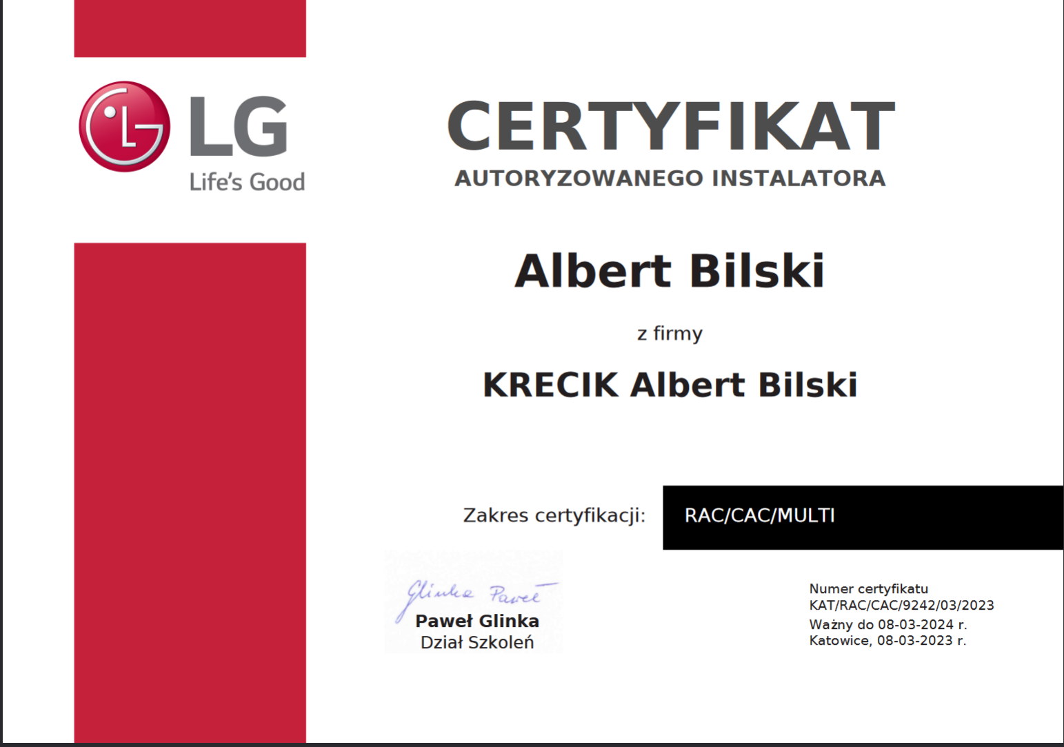 Certificate from LG awarded to Albert Bilski for authorized installer with scope RAC/CAC/MULTI, signed by Paweł Glinka from training department, issued in Katowice on March 8, 2023, valid until March 8, 2024.