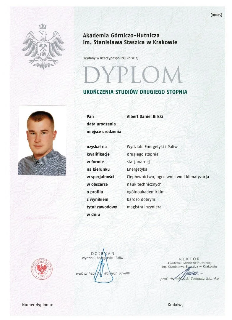 Diploma from the University of Mining and Geology-Hutnicza in Krakow, Poland, awarded to Albert Daniel Bilski for completing second-cycle studies in Energy Engineering, specializing in Heat, Power, and Air Conditioning, with a very good academic reco