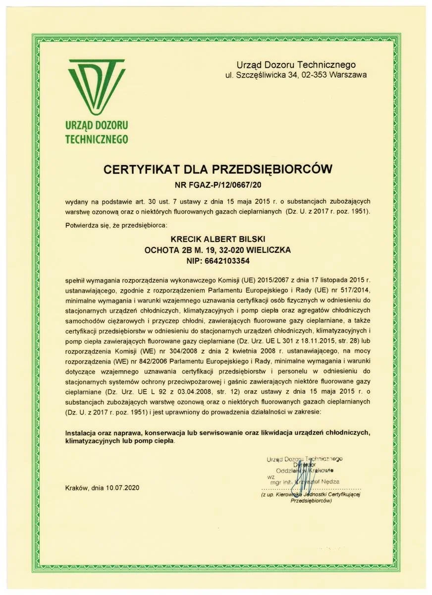 Certificate issued to Albert Krecik, confirming compliance with technical regulations for refrigeration and air conditioning system servicing, issued by the Office of Technical Inspection in Warsaw, Poland, dated July 10, 2020.
