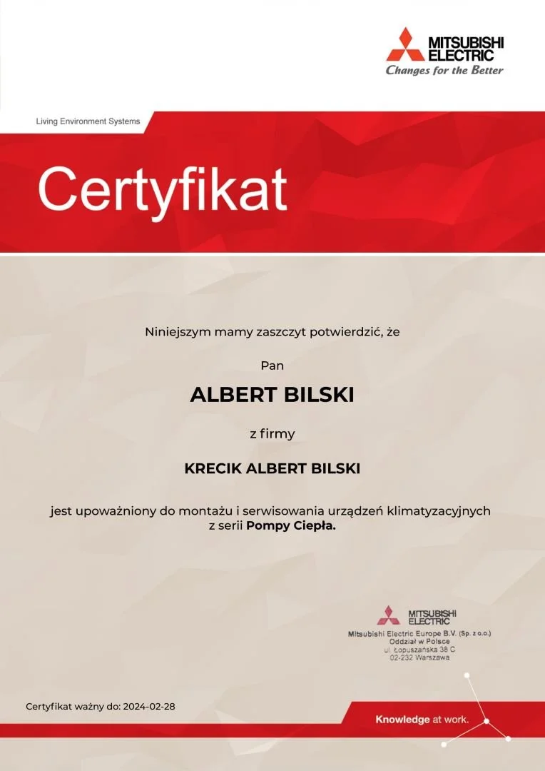 Certificate of authorization issued to Albert Bilski by Mitsubishi Electric for installation and servicing of air conditioning units from the Pompe Ciepła series.