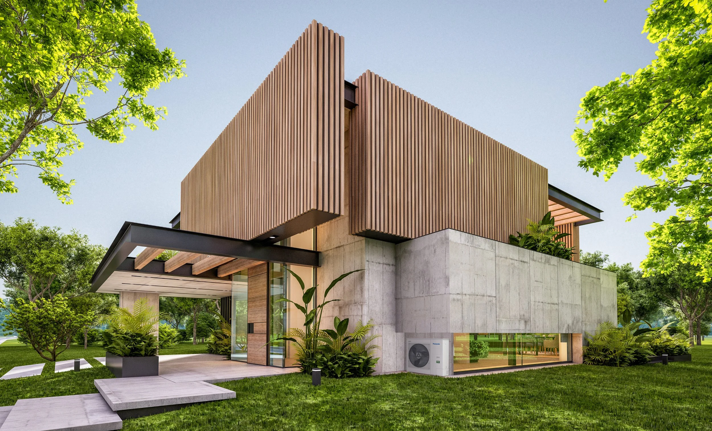 Modern two-story house with wood and concrete exterior, large glass windows, surrounded by green trees, and a blue sky.