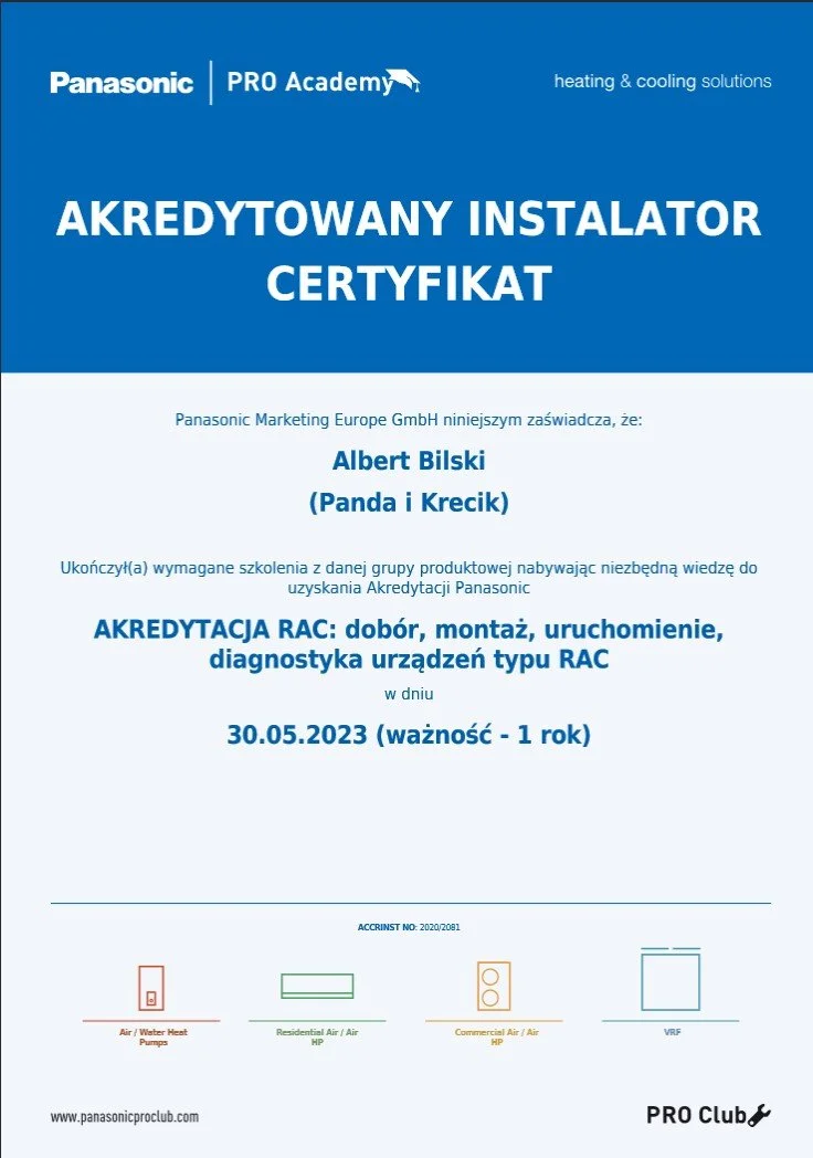 Certificate of accreditation for Albert Bilski awarded by Panasonic PRO Academy for training in selection, installation, commissioning, and diagnostics of RAC appliances, valid until May 30, 2024.