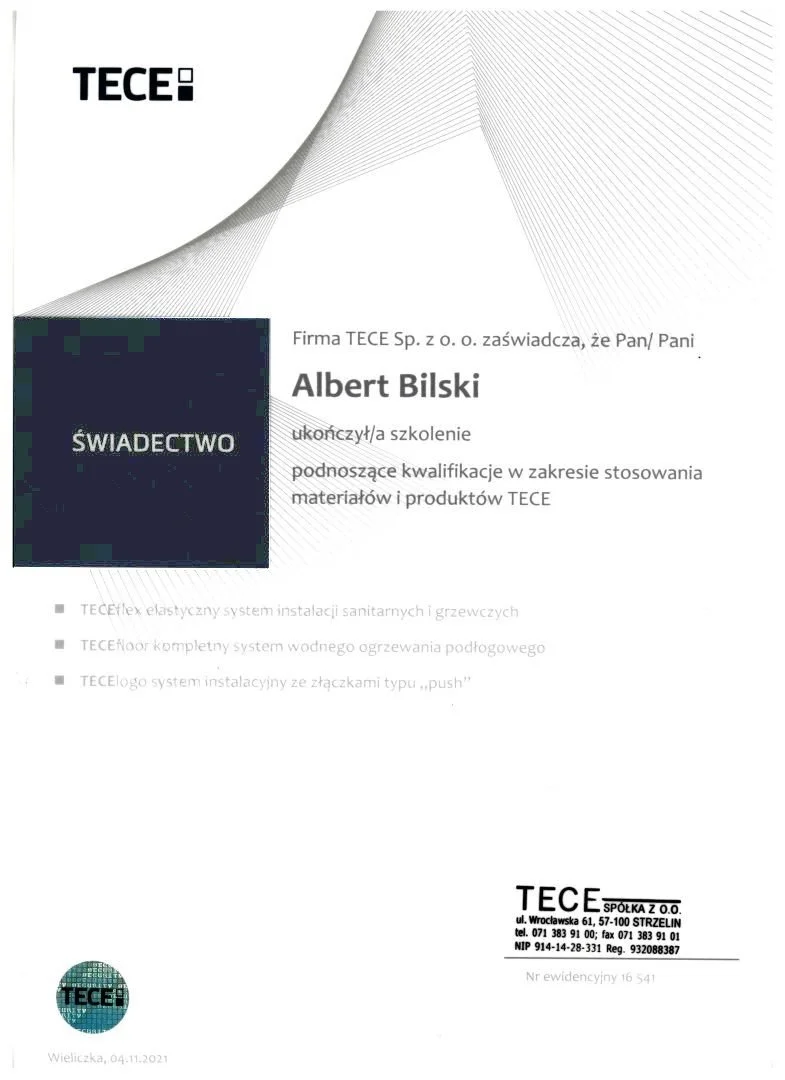 Certificate of completion awarded to Albert Bilski by TECE for training in application of TECE materials and products.
