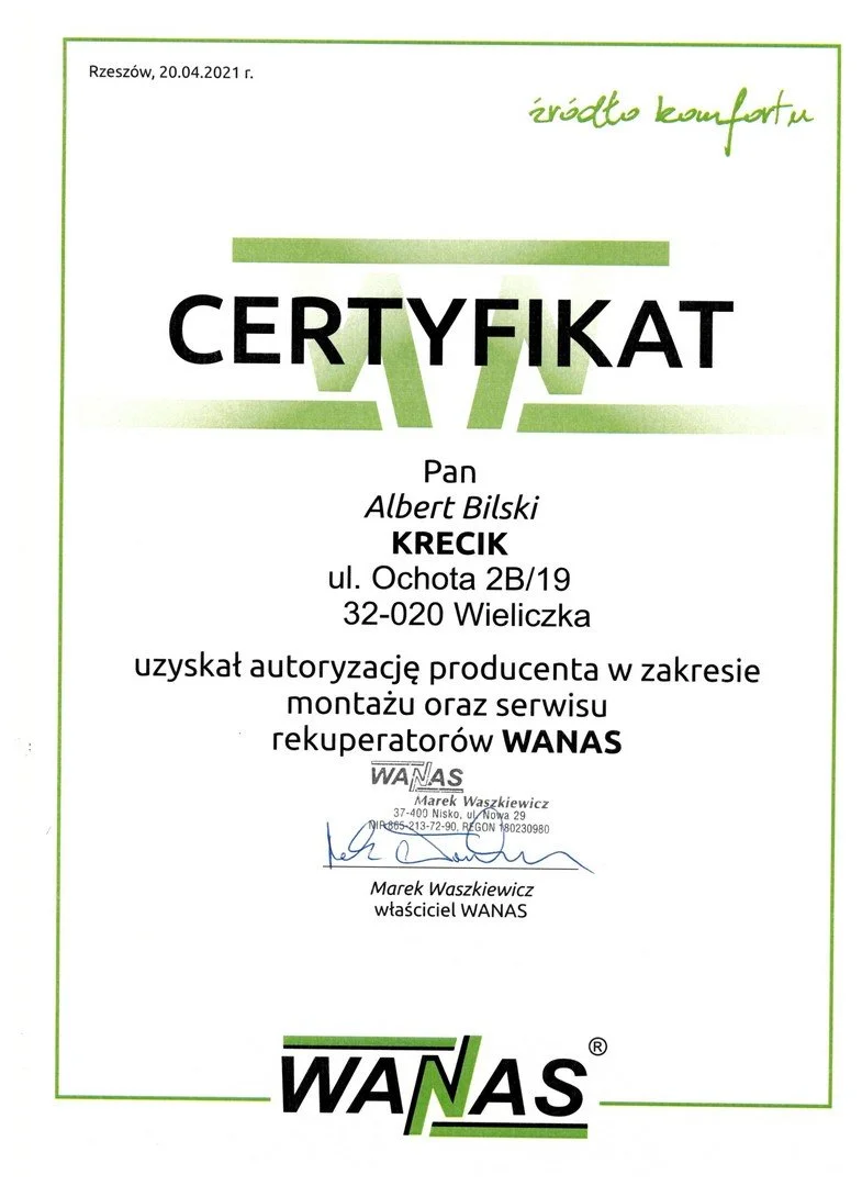Certificate of authorization issued to Albert Bilski KRECIK for the assembly and service of WANAS recuperators, signed by Marek Waszkiewicz.
