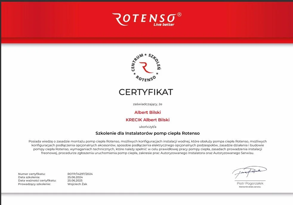 Certification document for Rotenso heat pump installation training, issued to Albert Bilski, signed by Piotr Pogorzalek.