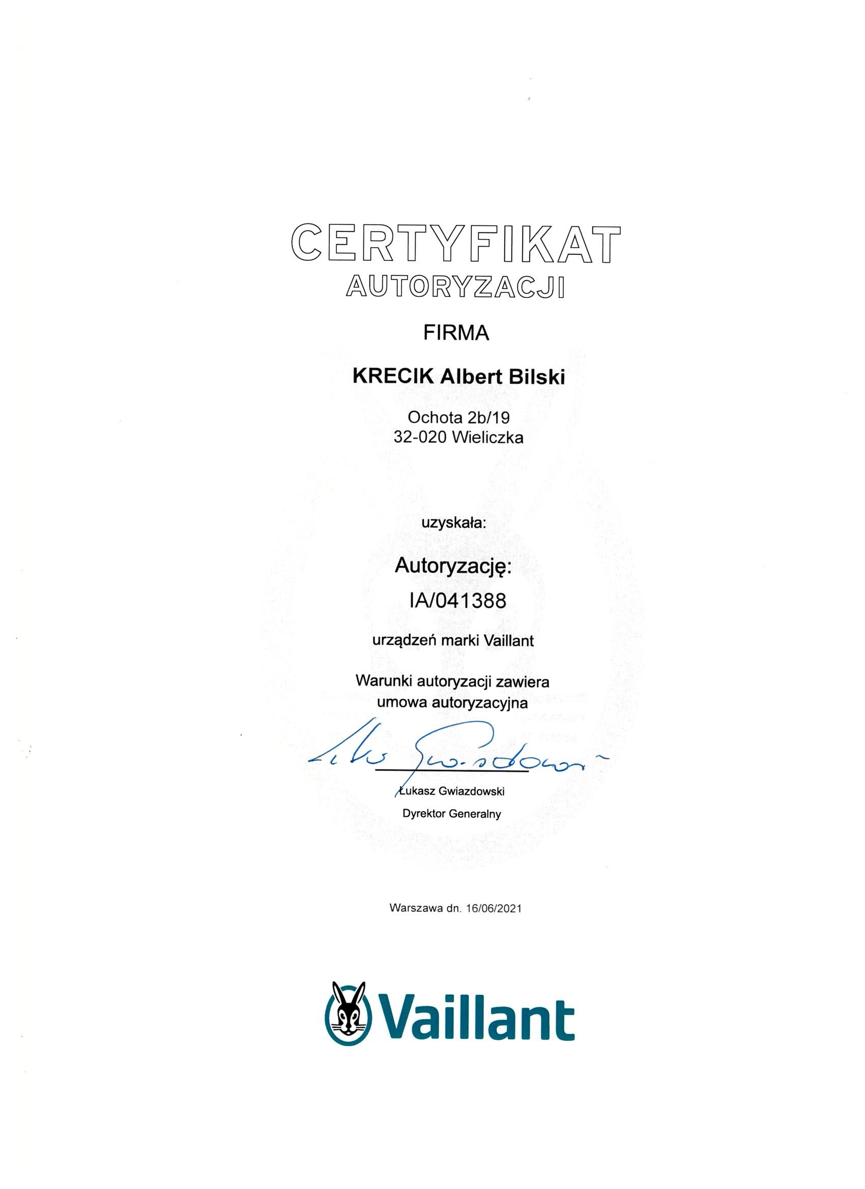 Certificate of authorization from Vaillant with signature and signature of Łukasz Gwiazdowski, General Director, dated June 16, 2021, in Warsaw.