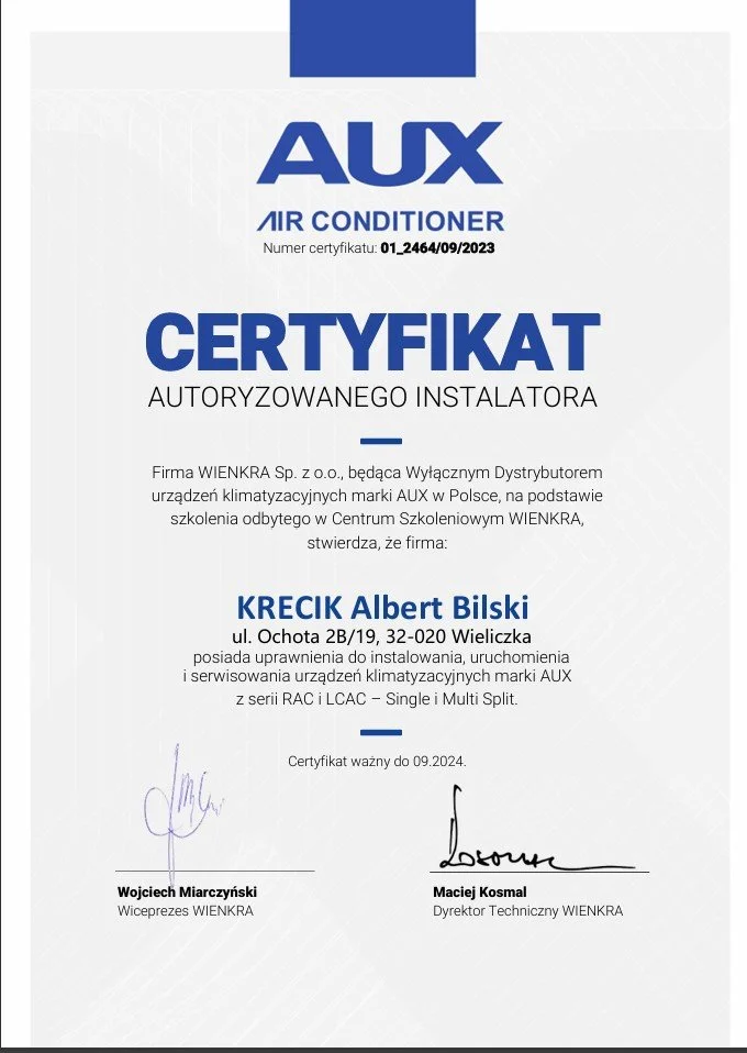Certificate of authorization for HVAC installer credentials, issued to Albert Bilski, issued by WIENKRA, signed by Wojciech Miarczyński and Maciej Kosmal, valid until September 2024.