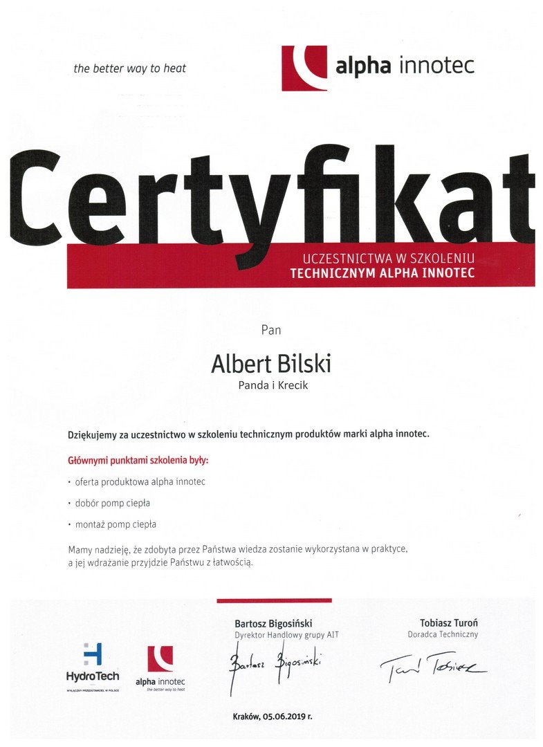 Certificate of technical training participation awarded to Albert Bilski by Alpha Innotec, signed by Bartosz Bigosiński and Tobiasz Turoń, dated June 5, 2019, in Kraków.