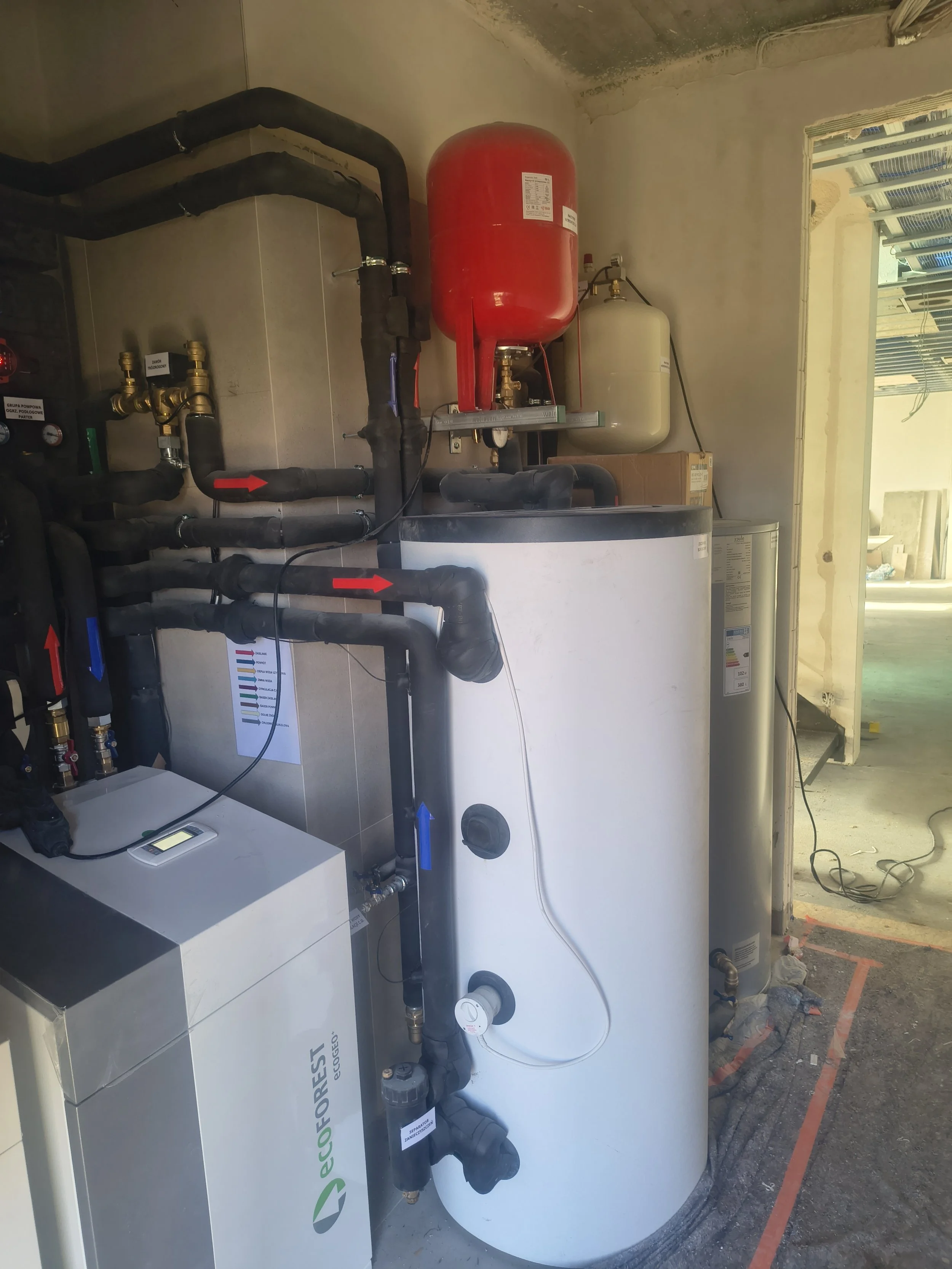 A mechanical system with pipes, gauges, and tanks, likely part of an HVAC or water heating system, installed indoors near a wall and an open doorway.