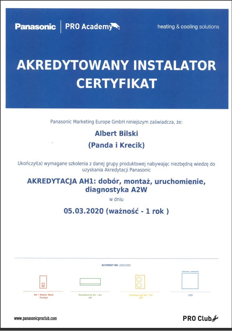 Certificate from Panasonic PRO Academy in Polish, certifying Albert Bilski's training in HVAC system installation, commissioning, and diagnostics, dated March 5, 2020, with icons of HVAC equipment at the bottom.