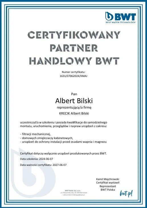 Certification document for Albert Bilski issued by BWT, certifying partnership in water technology, including details of qualification, training, and validity dates.