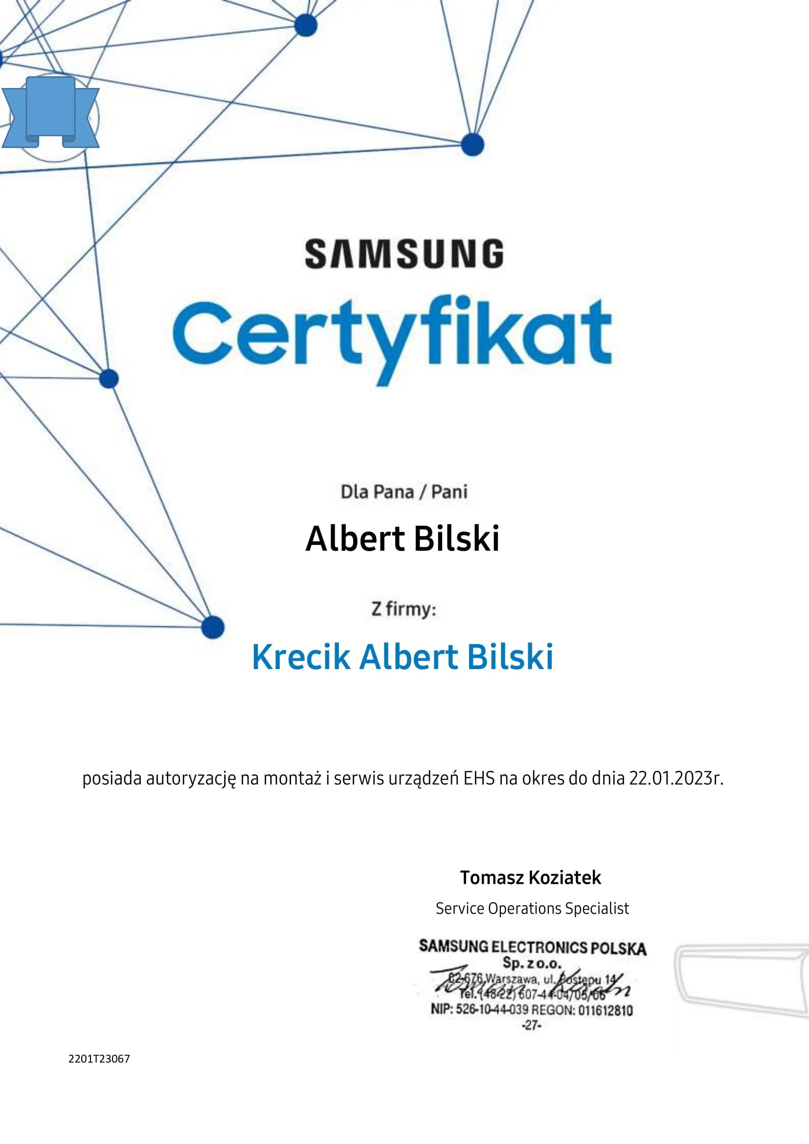 Certification document from Samsung Electronics Poland, addressed to Albert Bilski, for service operations, with signatures, address, and company details.