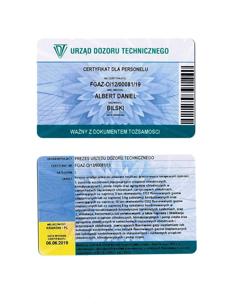 Polish technical certificate card for Albert Daniel Bilski issued in Krakow, confirming qualifications for refrigeration and air conditioning system maintenance, issued June 6, 2019.