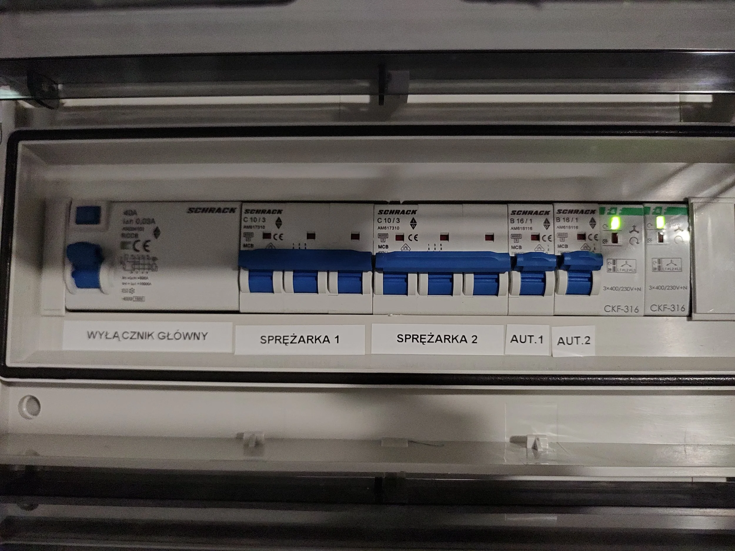 Electrical panel with switches and labels in Polish, including main breaker and circuit breakers.