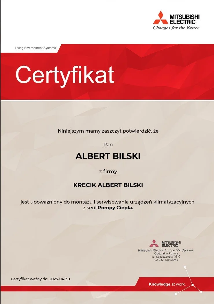 Mitsubishi Electric certification document in Polish confirming that Albert Bilski from Kreckic Albert Bilski company is authorized for installation and servicing Mitsubishi Electric heat pump series. The certificate is valid until April 30, 2025.