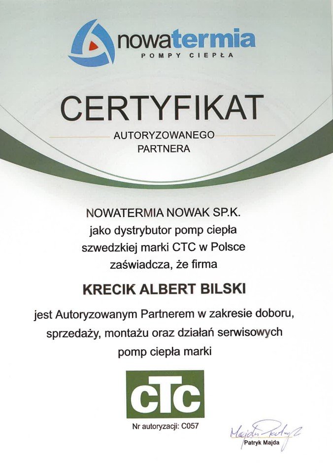 Certificate from Nowatermia Nowak S.P.K. recognizing Kreck Albert Bilski as an authorized partner for heat pump sales, installation, and service for CTC brand in Poland, signed by Patryk Majda.