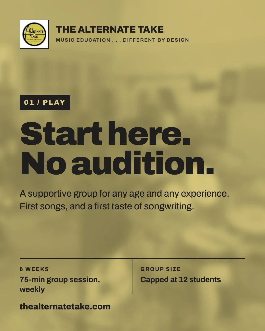 Group music lessons for kids and adults at The Alternate Take — Play program, 6 weeks, no audition.
