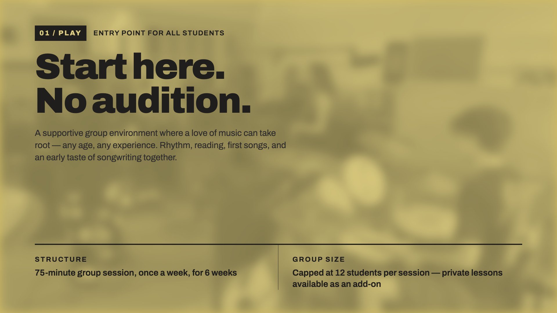 Group music lessons for kids and adults at The Alternate Take — Play program, 6 weeks, no audition.