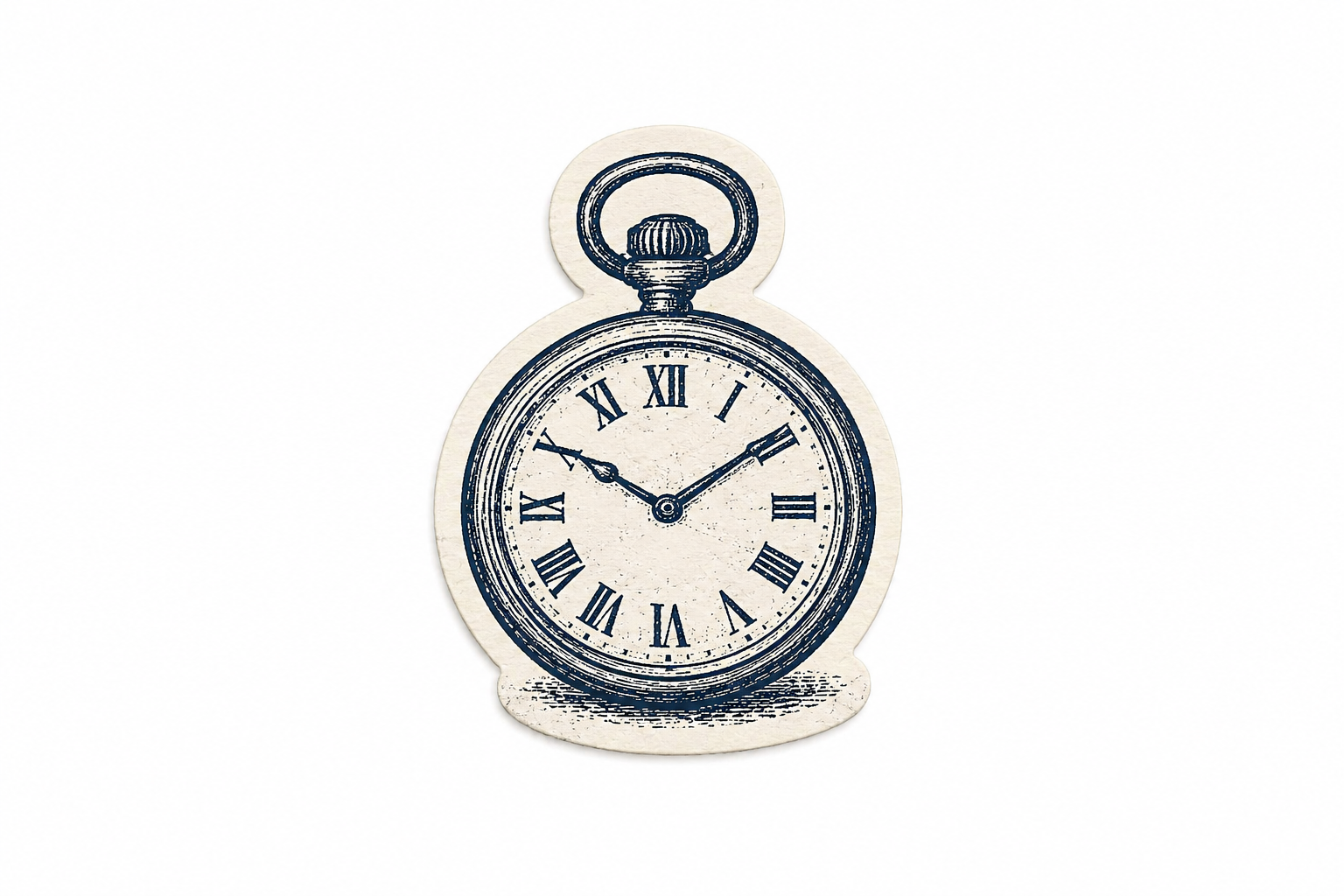 A vintage-style illustration of a pocket watch showing the time as 10:12, with Roman numerals on the clock face.