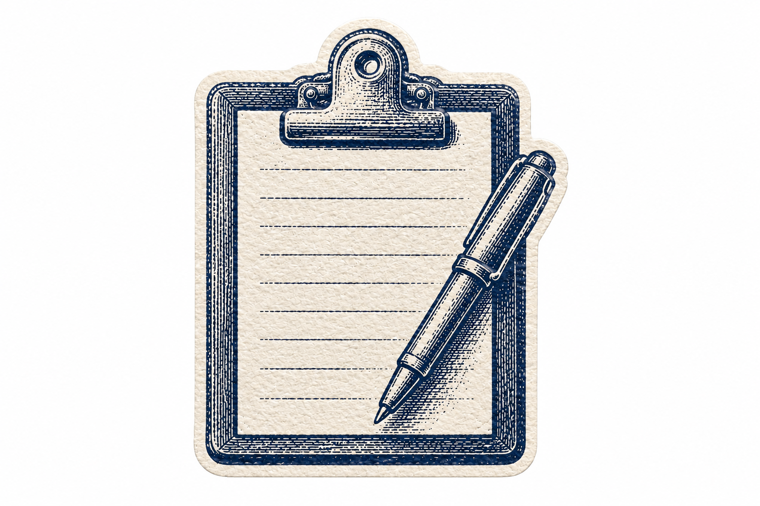 A vintage-style illustration of a clipboard with a lined sheet of paper attached, and a pen resting diagonally on the paper.