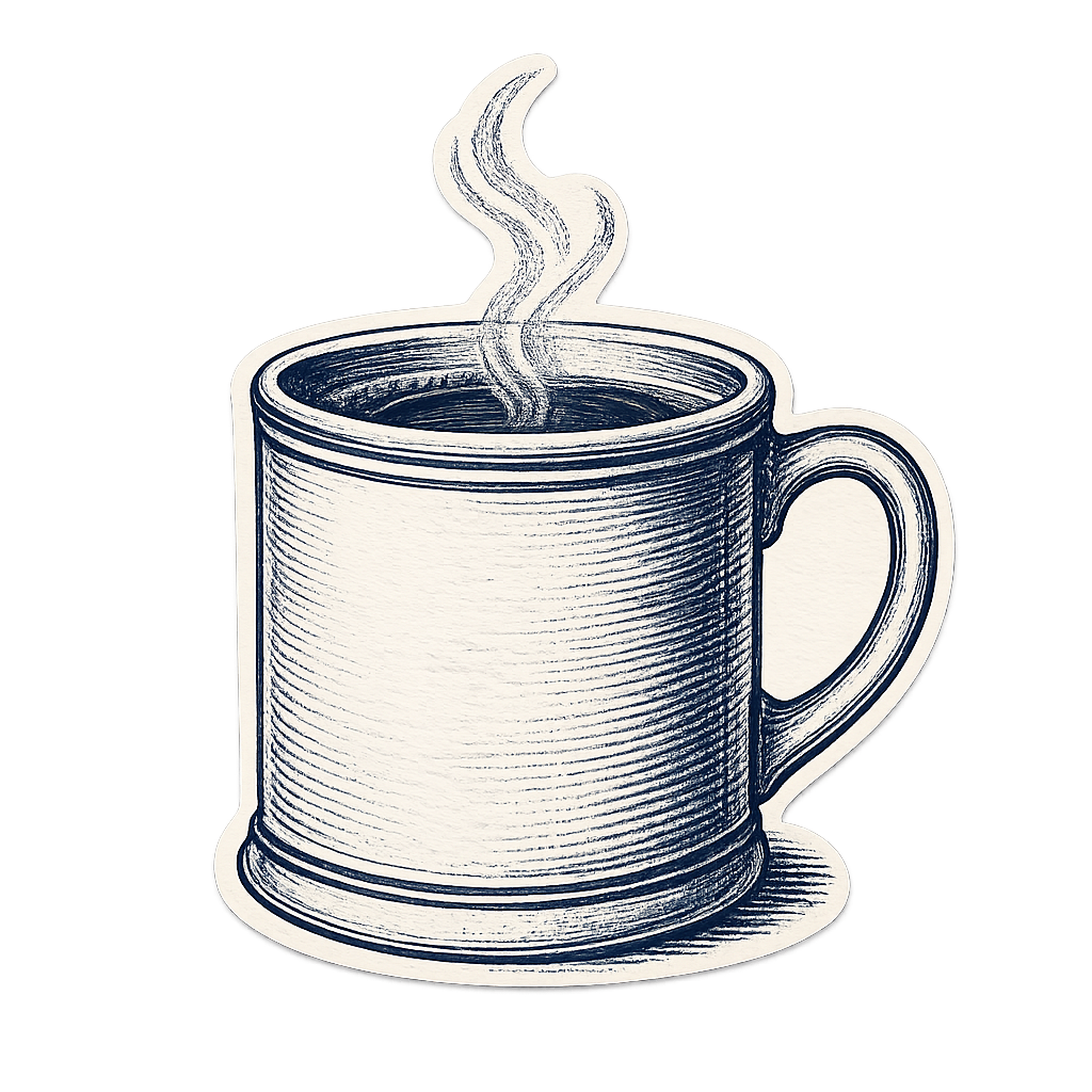 Illustration of a steaming coffee mug in a sketch style.