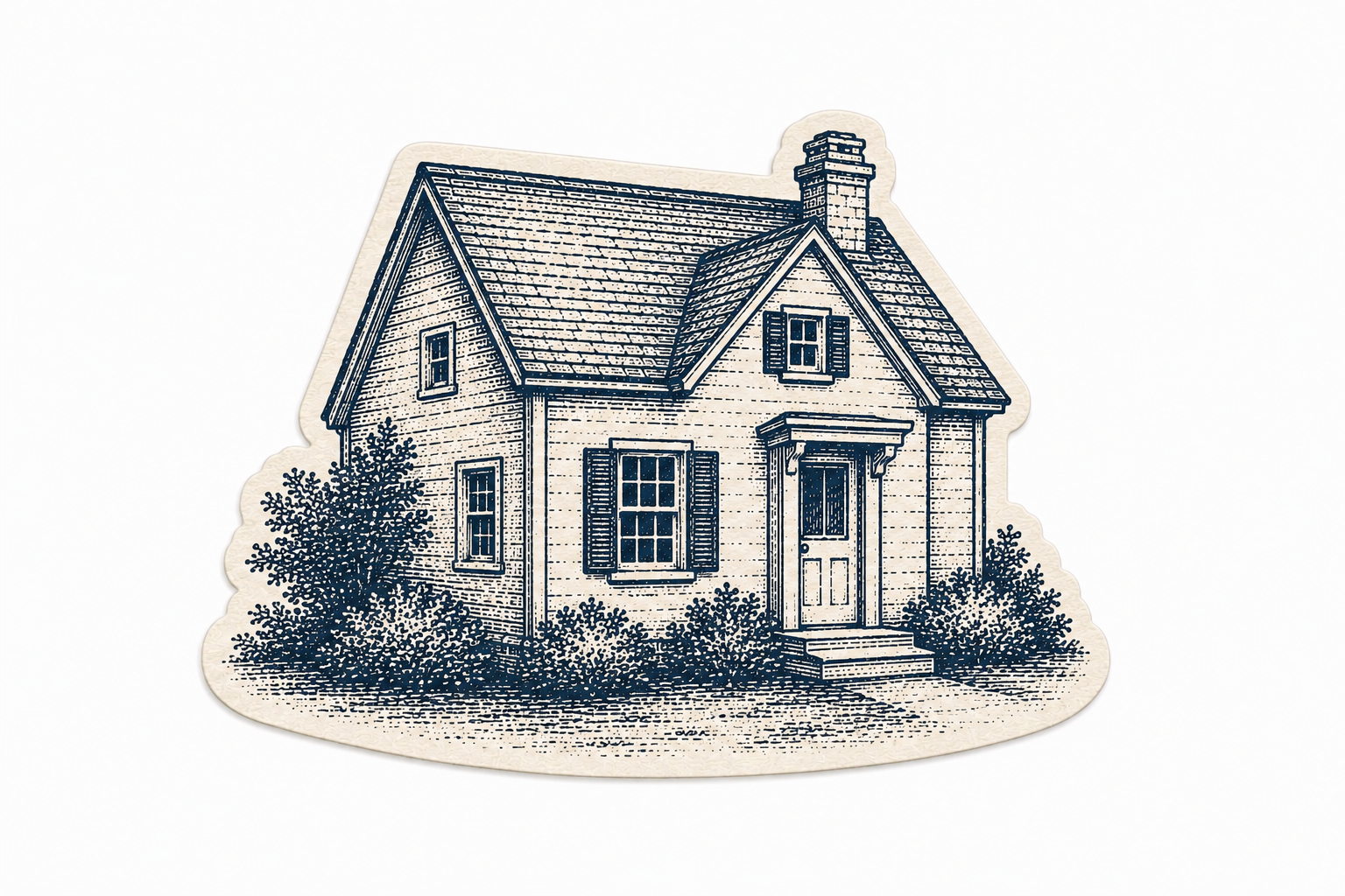Line drawing of a two-story house with a gabled roof, chimney, front porch, and surrounded by bushes.